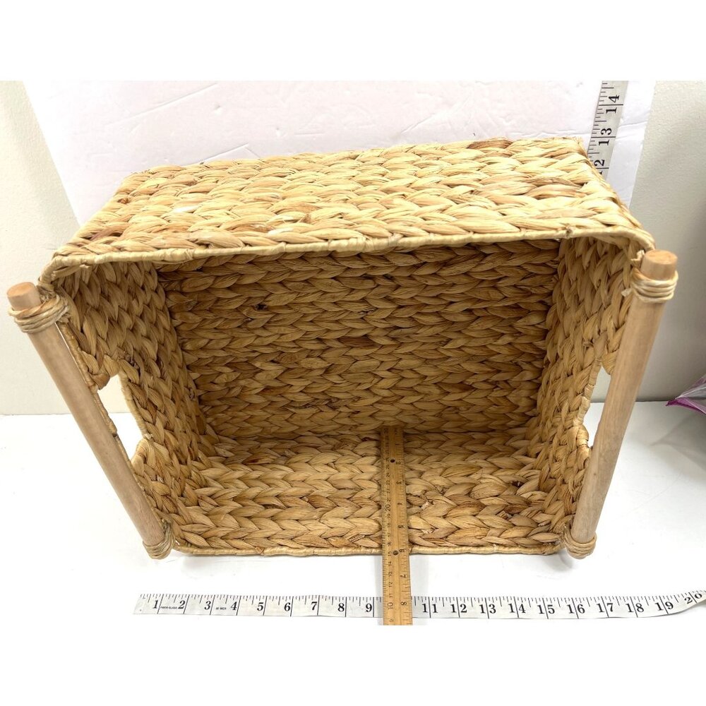 Set Of 4 Handwoven Rectangle Baskets With Wooden Accents Home Storage & Decor - Picture 3 of 13
